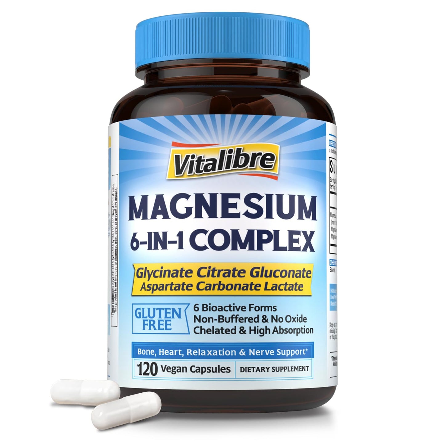 Vitalibre 6 in 1 Magnesium Complex for Women Men, 260mg Elemental Magnesium | Max Absorption | Chelated Magnesium Supplement for Bone, Relaxation & Nerves Support | Non-GMO, 120 Vegan Capsules - Maple Wellness Supplements