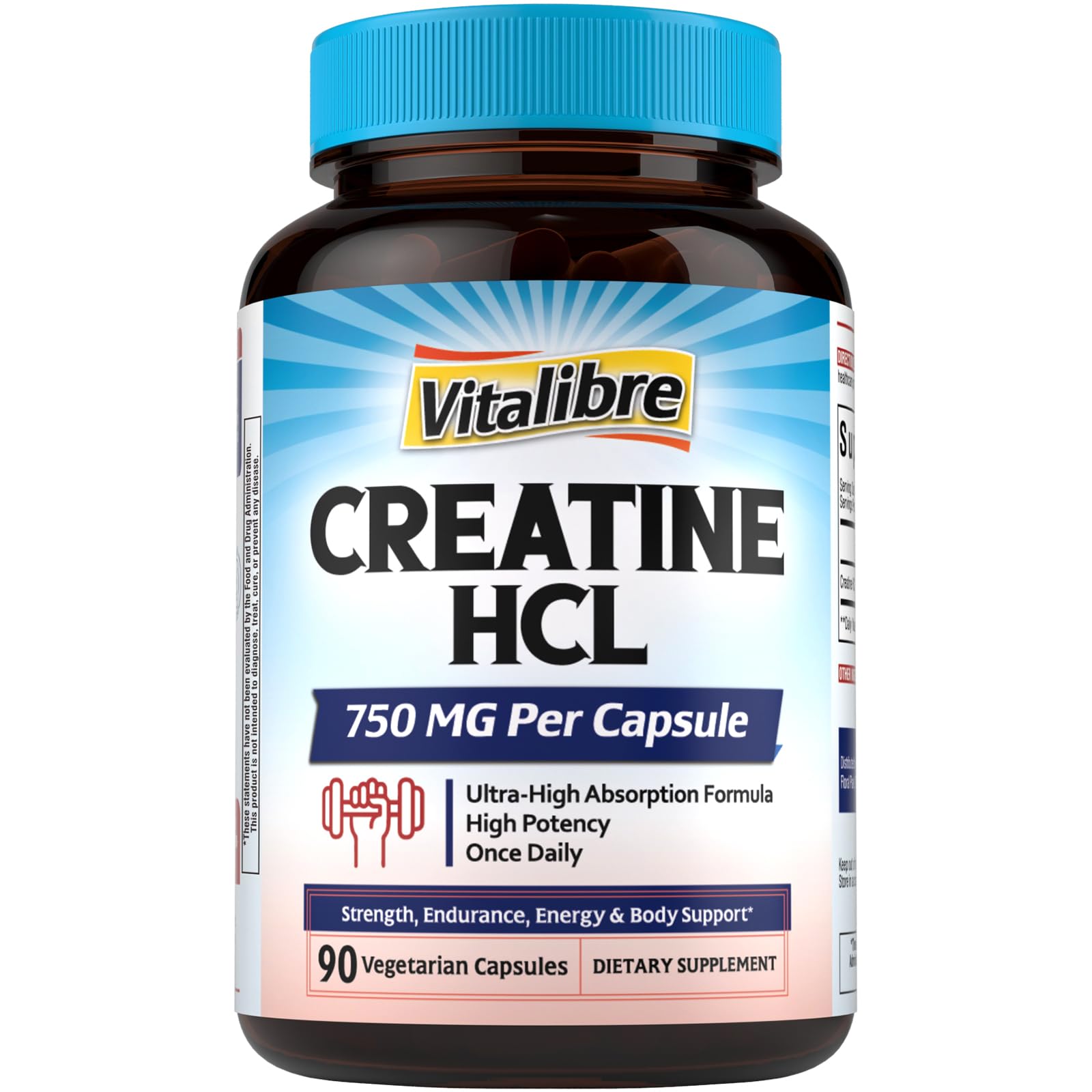 Vitalibre Creatine HCl Capsule, 750mg High Absorption Creatine Hydrochloride, Endurance, Strength, Fast Absorbing, No Load, No Bloat, Monohydrate Micronized Alternative, Once Daily, 90 Capsules - Maple Wellness Supplements