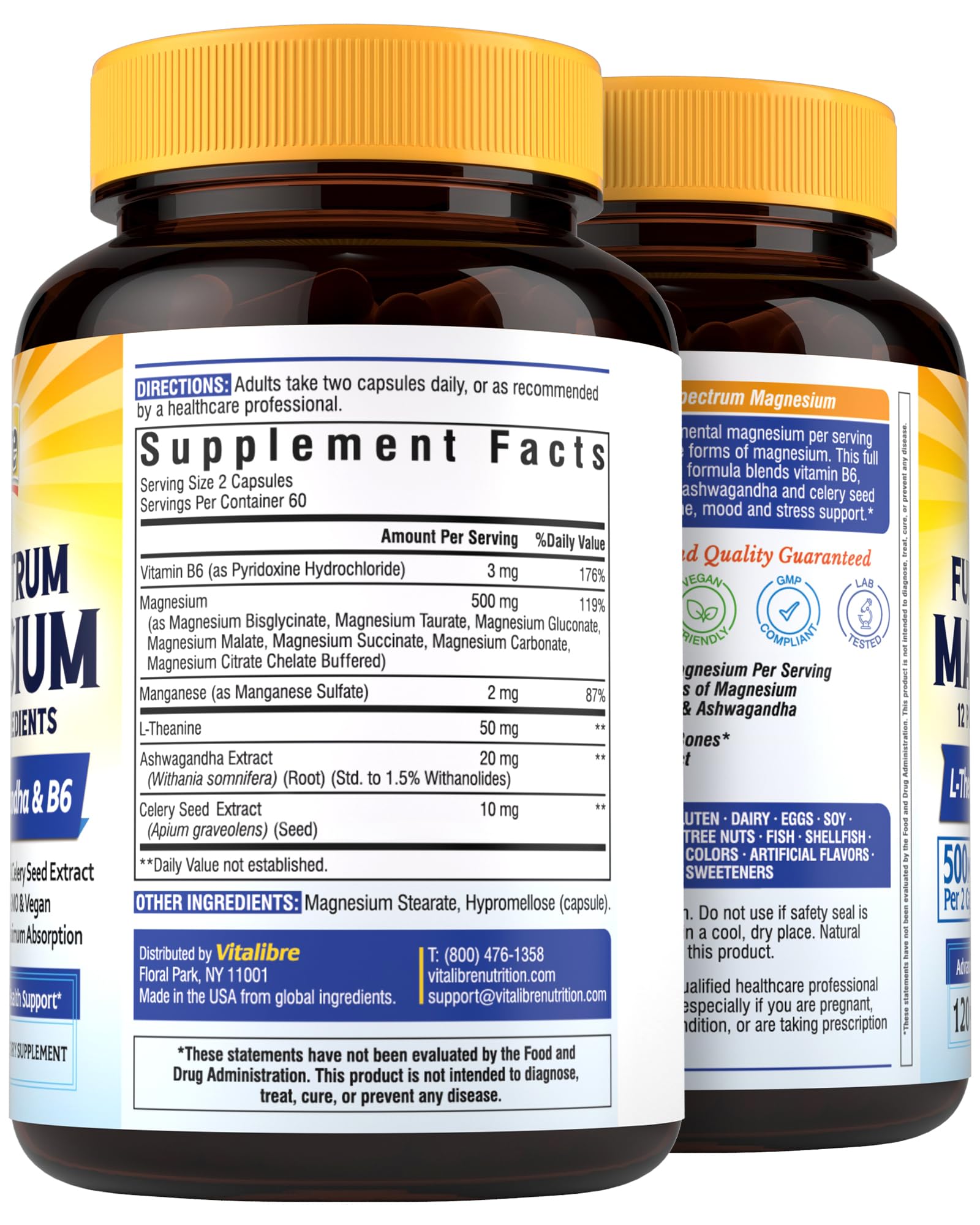 Vitalibre Magnesium Complex Supplement 500mg + Ashwagandha, L-Theanine, Vitamin B6 & Celery, High Absorption Magnesium Glycinate, Citrate, Malate, Sleep & Bone Support, 120 Vegan Capsules - Maple Wellness Supplements