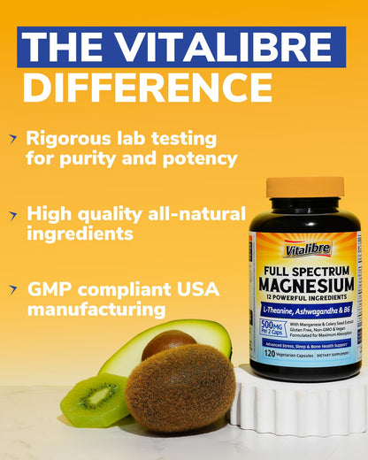 Vitalibre Magnesium Complex Supplement 500mg + Ashwagandha, L-Theanine, Vitamin B6 & Celery, High Absorption Magnesium Glycinate, Citrate, Malate, Sleep & Bone Support, 120 Vegan Capsules - Maple Wellness Supplements