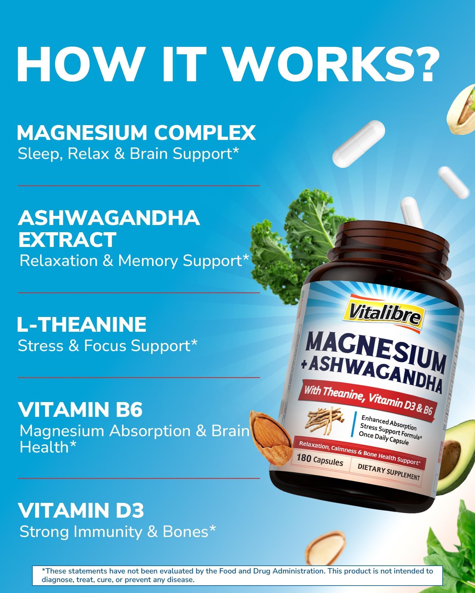 Vitalibre Magnesium Complex with Ashwagandha & L-Theanine - Stress Relief, Bone & Relaxation Support - w/Vitamin D3, B6 - Glycinate, Citrate, Malate, Taurate - 90 Vegan Capsules, Non-GMO, Gluten Free - Maple Wellness Supplements