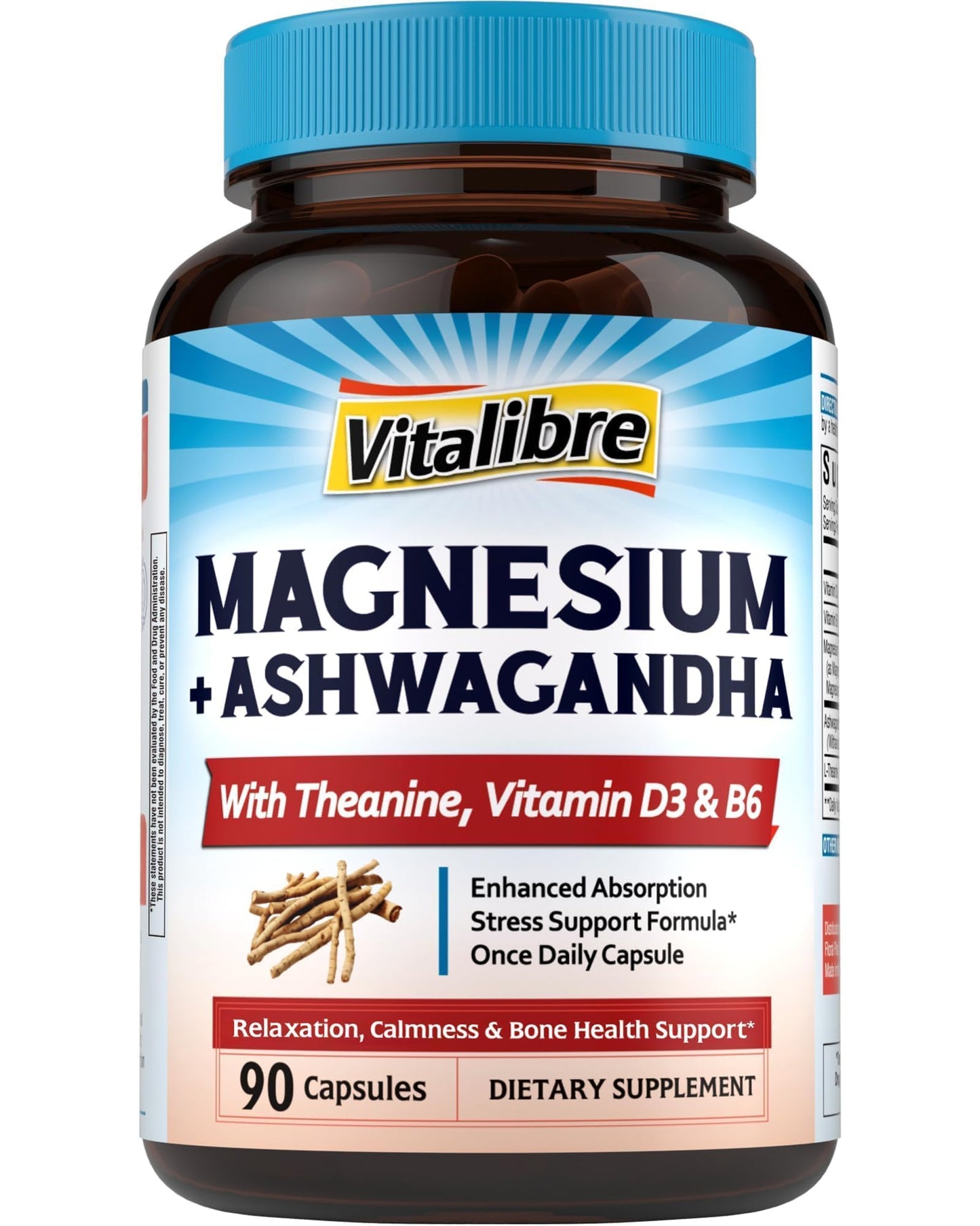 Vitalibre Magnesium Complex with Ashwagandha & L-Theanine - Stress Relief, Bone & Relaxation Support - w/Vitamin D3, B6 - Glycinate, Citrate, Malate, Taurate - 90 Vegan Capsules, Non-GMO, Gluten Free - Maple Wellness Supplements