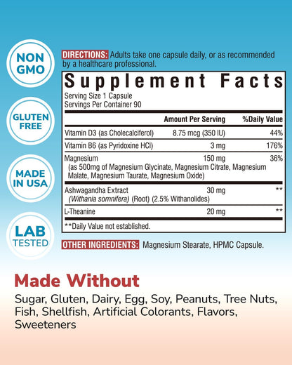 Vitalibre Magnesium Complex with Ashwagandha & L-Theanine - Stress Relief, Bone & Relaxation Support - w/Vitamin D3, B6 - Glycinate, Citrate, Malate, Taurate - 90 Vegan Capsules, Non-GMO, Gluten Free - Maple Wellness Supplements