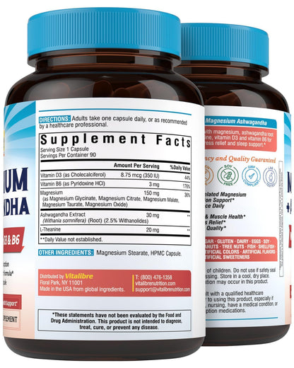 Vitalibre Magnesium Complex with Ashwagandha & L-Theanine - Stress Relief, Bone & Relaxation Support - w/Vitamin D3, B6 - Glycinate, Citrate, Malate, Taurate - 90 Vegan Capsules, Non-GMO, Gluten Free - Maple Wellness Supplements