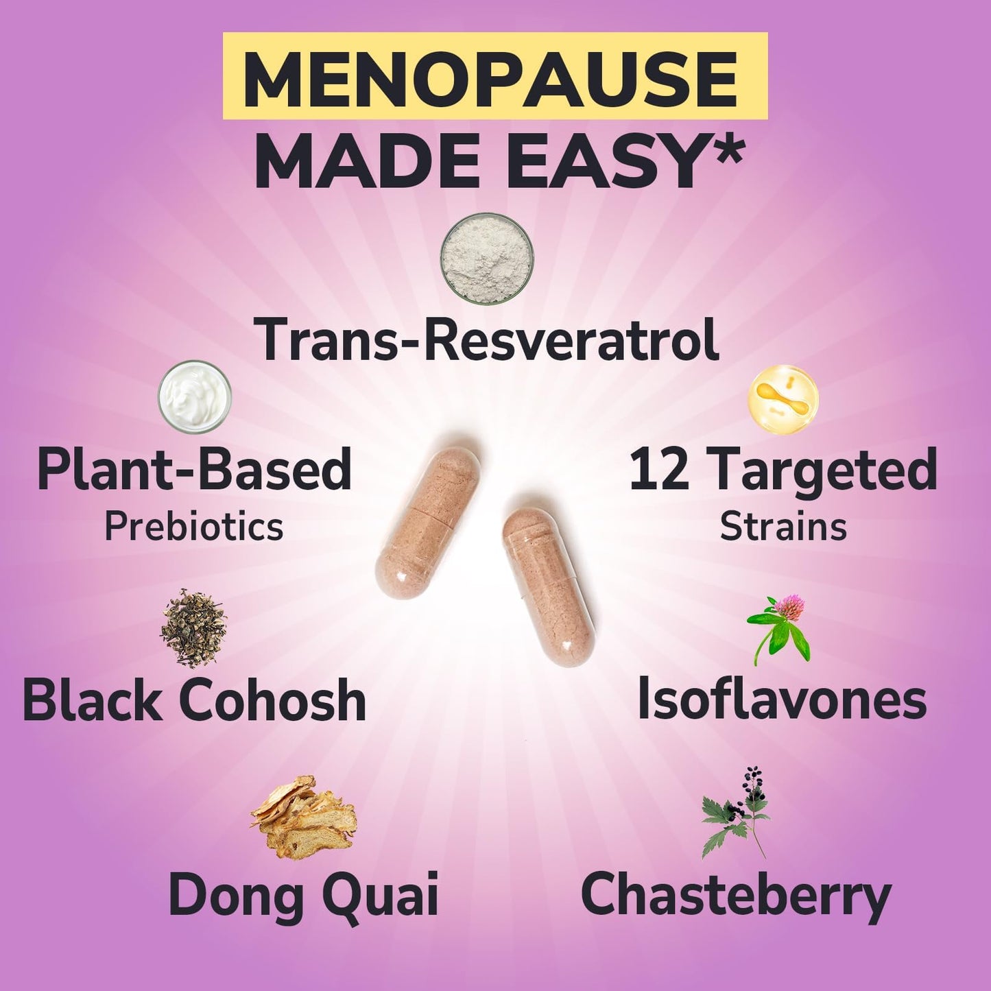 Vitalibre Menopause Probiotics for Women 70 Billion CFU, 12 Targeted Strains, Organic Prebiotics, Black Cohosh Resveratrol Red Clover Chasteberry Dong Quai, Hot Flash Night Sweat+, No Estrogen, 30 Ct - Maple Wellness Supplements