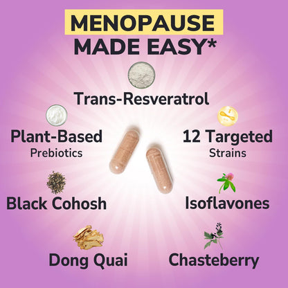 Vitalibre Menopause Probiotics for Women 70 Billion CFU, 12 Targeted Strains, Organic Prebiotics, Black Cohosh Resveratrol Red Clover Chasteberry Dong Quai, Hot Flash Night Sweat+, No Estrogen, 30 Ct - Maple Wellness Supplements