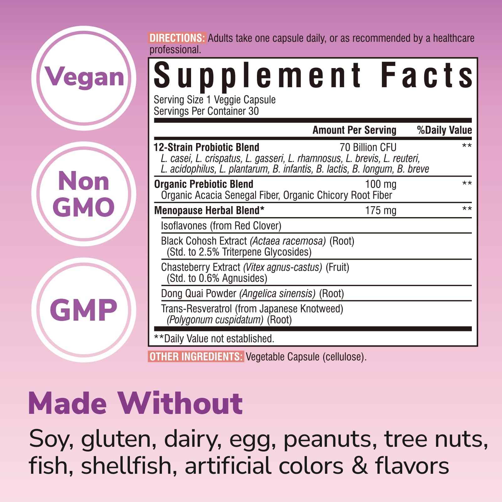 Vitalibre Menopause Probiotics for Women 70 Billion CFU, 12 Targeted Strains, Organic Prebiotics, Black Cohosh Resveratrol Red Clover Chasteberry Dong Quai, Hot Flash Night Sweat+, No Estrogen, 30 Ct - Maple Wellness Supplements