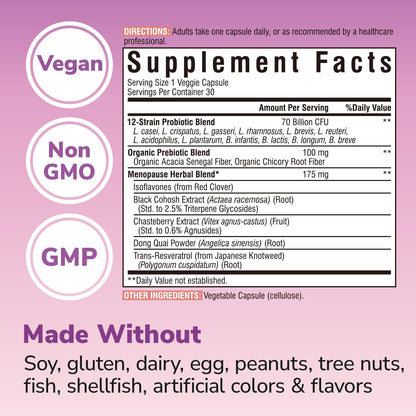 Vitalibre Menopause Probiotics for Women 70 Billion CFU, 12 Targeted Strains, Organic Prebiotics, Black Cohosh Resveratrol Red Clover Chasteberry Dong Quai, Hot Flash Night Sweat+, No Estrogen, 30 Ct - Maple Wellness Supplements