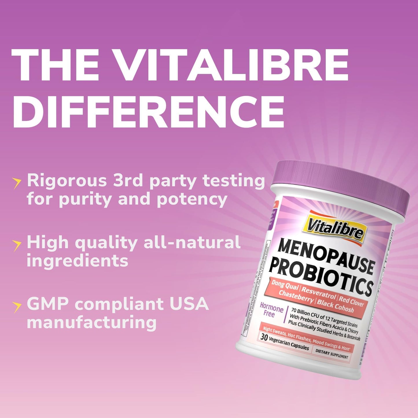 Vitalibre Menopause Probiotics for Women 70 Billion CFU, 12 Targeted Strains, Organic Prebiotics, Black Cohosh Resveratrol Red Clover Chasteberry Dong Quai, Hot Flash Night Sweat+, No Estrogen, 30 Ct - Maple Wellness Supplements