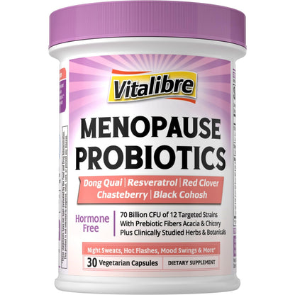 Vitalibre Menopause Probiotics for Women 70 Billion CFU, 12 Targeted Strains, Organic Prebiotics, Black Cohosh Resveratrol Red Clover Chasteberry Dong Quai, Hot Flash Night Sweat+, No Estrogen, 30 Ct - Maple Wellness Supplements