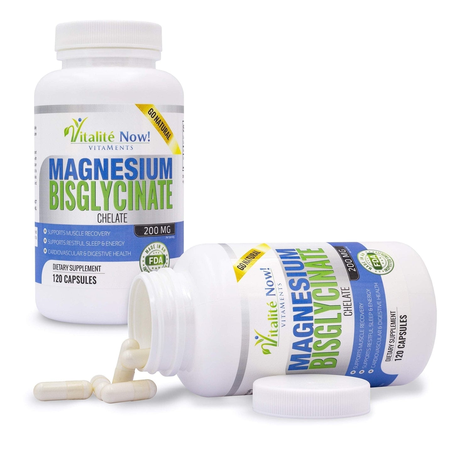 Vitalité Now! Magnesium Bisglycinate 200mg - 100% Chelated Capsules for Superior Absorption - Gentle Formula, No Laxative Effect - Sleep Energy Cramps Muscle Support - Fully Reacted & Buffered - Maple Wellness Supplements
