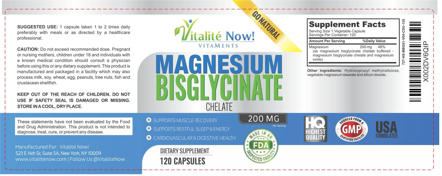 Vitalité Now! Magnesium Bisglycinate 200mg - 100% Chelated Capsules for Superior Absorption - Gentle Formula, No Laxative Effect - Sleep Energy Cramps Muscle Support - Fully Reacted & Buffered - Maple Wellness Supplements