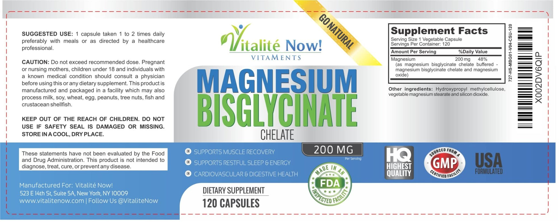 Vitalité Now! Magnesium Bisglycinate 200mg - 100% Chelated Capsules for Superior Absorption - Gentle Formula, No Laxative Effect - Sleep Energy Cramps Muscle Support - Fully Reacted & Buffered - Maple Wellness Supplements