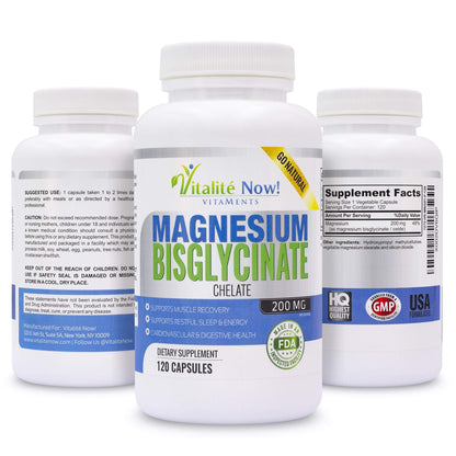 Vitalité Now! Magnesium Bisglycinate 200mg - 100% Chelated Capsules for Superior Absorption - Gentle Formula, No Laxative Effect - Sleep Energy Cramps Muscle Support - Fully Reacted & Buffered - Maple Wellness Supplements