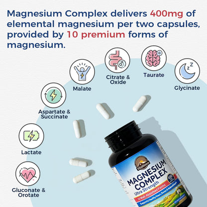 Vitalitown 10 in 1 Magnesium Complex Supplement - 400mg Elemental Magnesium Chelated with Glycinate, Citrate, Malate, Taurate & More - for Sleep Heart Energy - Non-GMO, Vegan, 90 Caps - Maple Wellness Supplements