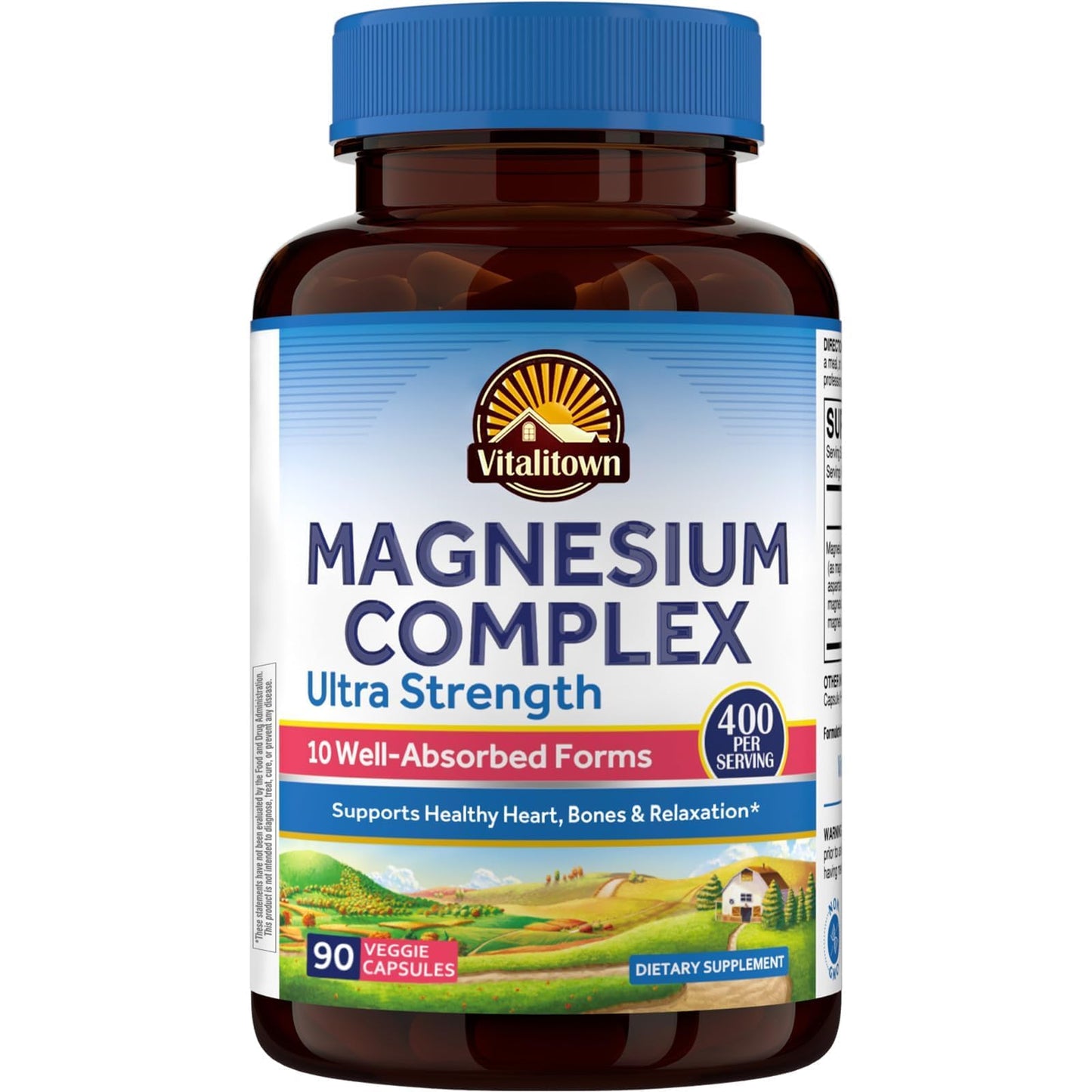 Vitalitown 10 in 1 Magnesium Complex Supplement - 400mg Elemental Magnesium Chelated with Glycinate, Citrate, Malate, Taurate & More - for Sleep Heart Energy - Non-GMO, Vegan, 90 Caps - Maple Wellness Supplements