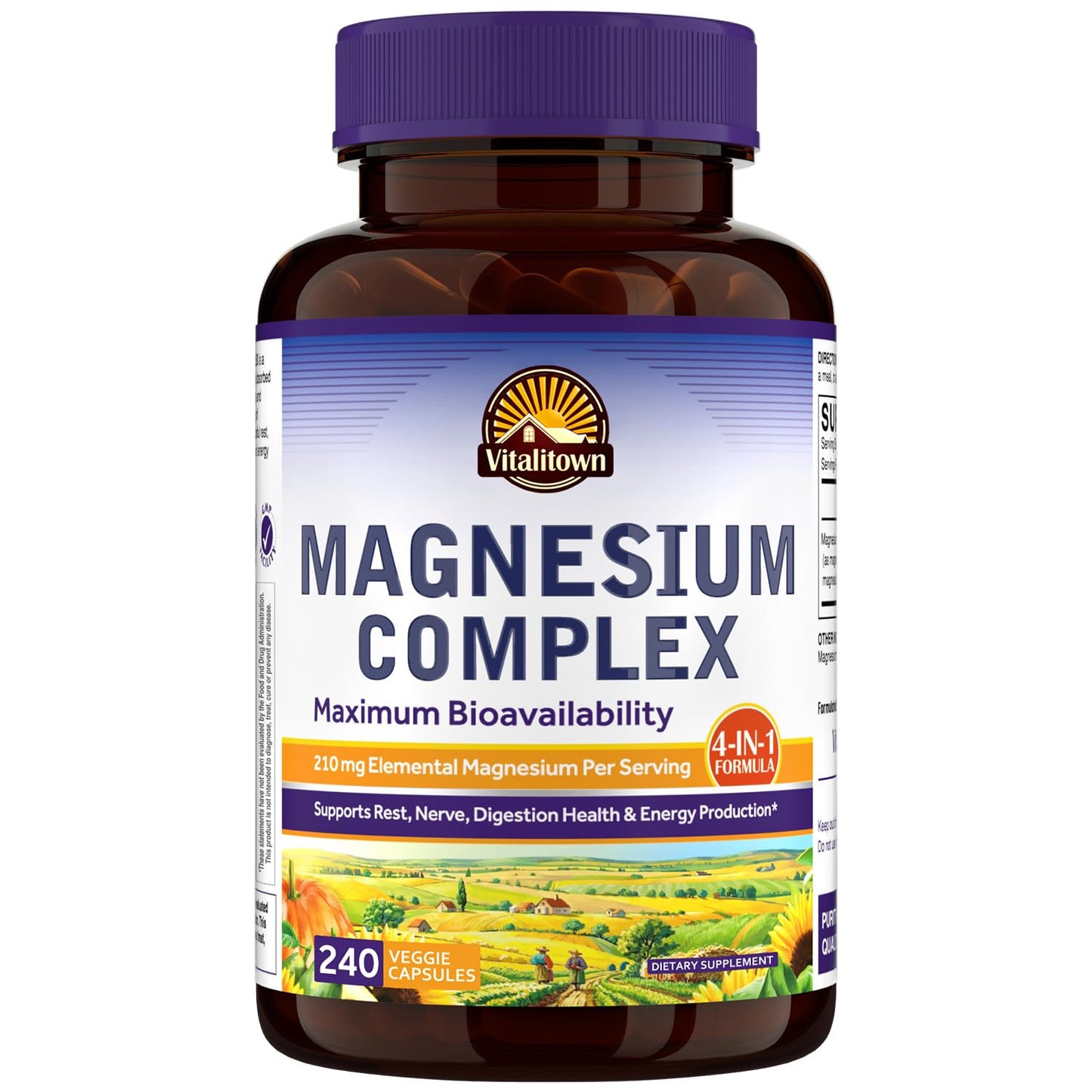 Vitalitown Magnesium Complex | Chelated Easily Absorbed Magnesium Glycinate Citrate Malate | Buffered | 210mg Elemental Mag | Sleep, Nerve, Digestion, Energy | Non-GMO 240 Veg Caps - Maple Wellness Supplements