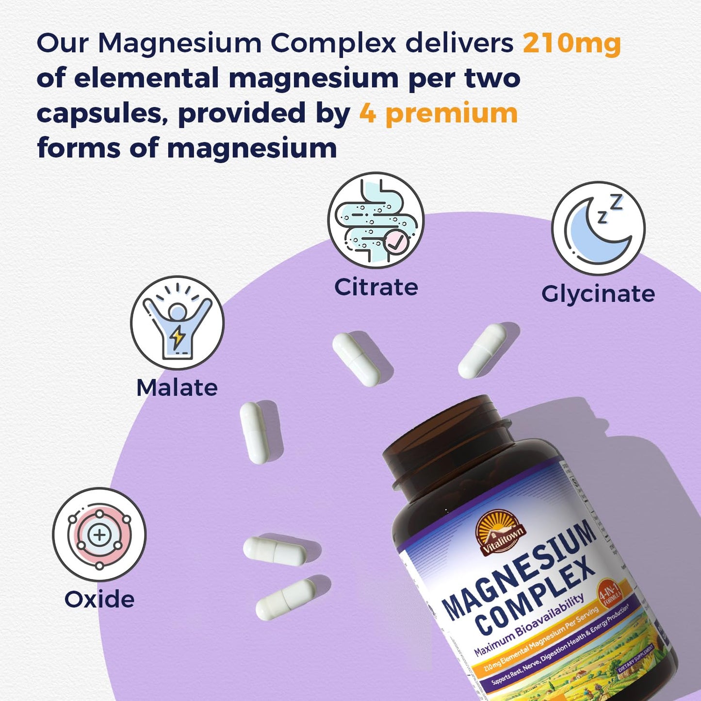 Vitalitown Magnesium Complex | Chelated Easily Absorbed Magnesium Glycinate Citrate Malate | Buffered | 210mg Elemental Mag | Sleep, Nerve, Digestion, Energy | Non-GMO 240 Veg Caps - Maple Wellness Supplements