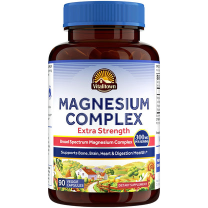 Vitalitown Magnesium Complex Supplement | 300mg Elemental Mag | Magnesium Citrate Glycinate Taurate Malate | Non-GMO, No Gluten, 90 Vegan Magnesio Capsules for Bone Brain Heart - Maple Wellness Supplements