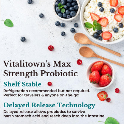 VITALITOWN Probiotics 120 Billion CFUs | 36 Strains, with Prebiotics & Digestive Enzymes for Men Women | Shelf Stable | Digestive Health & Immune Support - Maple Wellness Supplements