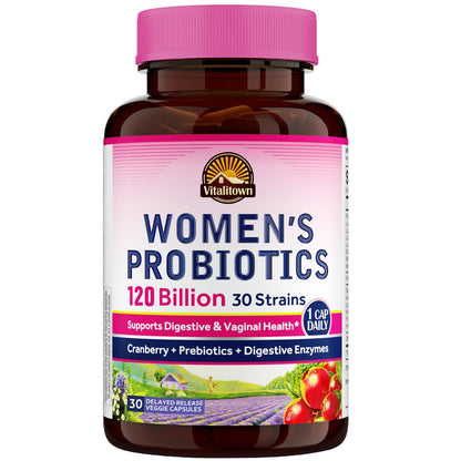 Vitalitown Probiotics for Women 120 Billion CFUs, 30 Strains, with Prebiotics & Digestive Enzymes & Cranberry, Gut & Vaginal Health, Vegan 30 - Maple Wellness Supplements