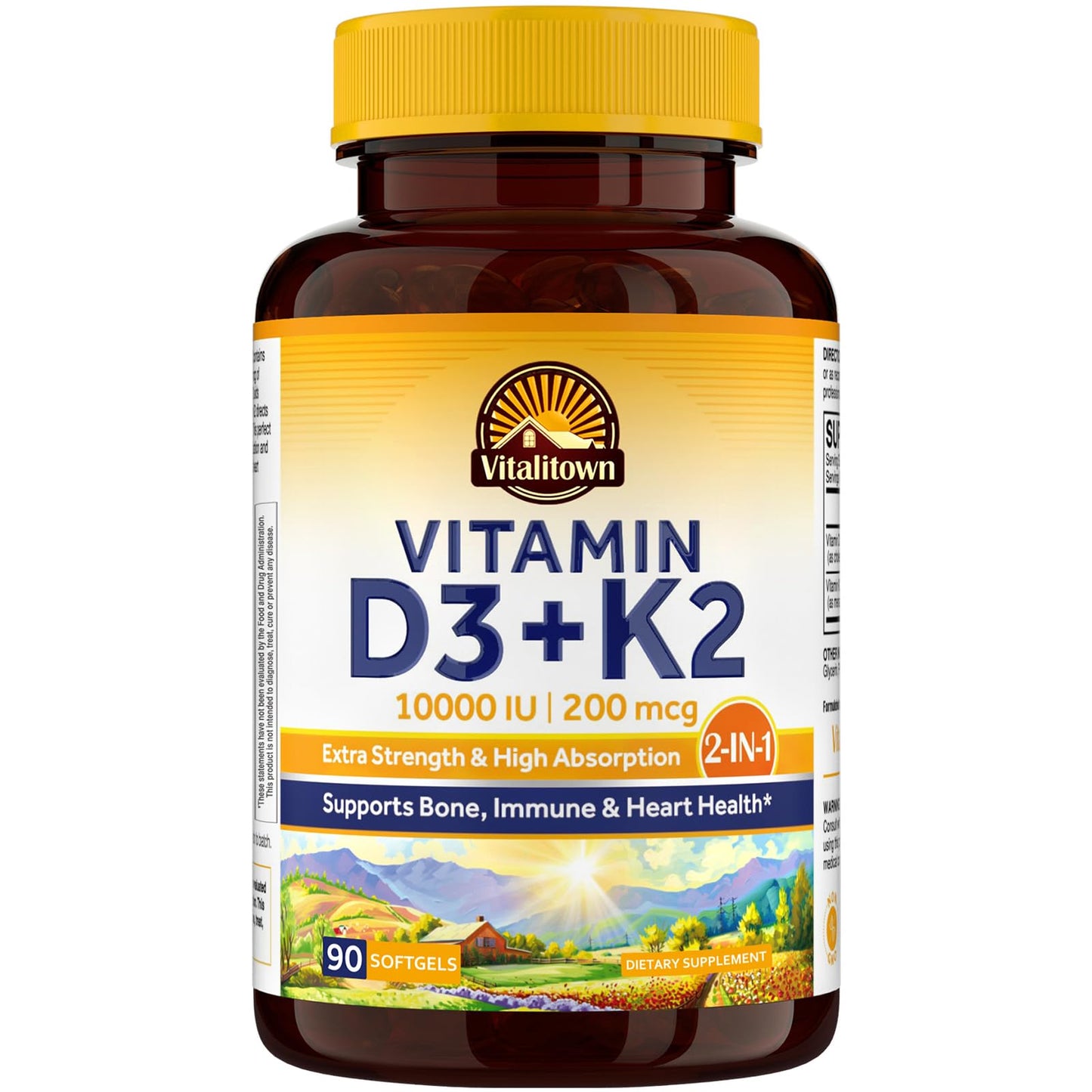 Vitalitown Vitamin D3 K2 Supplement, Vitamin D3 10000 IU Vitamin K2 (MK7) 200 mcg, 90 Softgels, Non-GMO, No Gluten & Soy - Maple Wellness Supplements