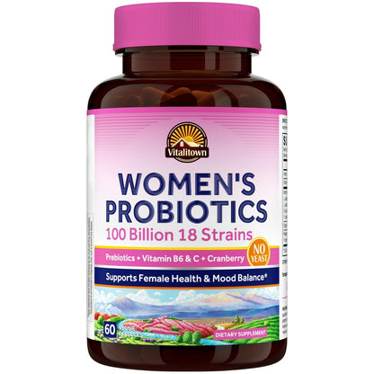 Vitalitown Women's Probiotics | 100 Billion CFUs 18 Strains | Prebiotics, VC & B6, Cranberry | Shelf Stable | Vaginal, Urinary - Maple Wellness Supplements