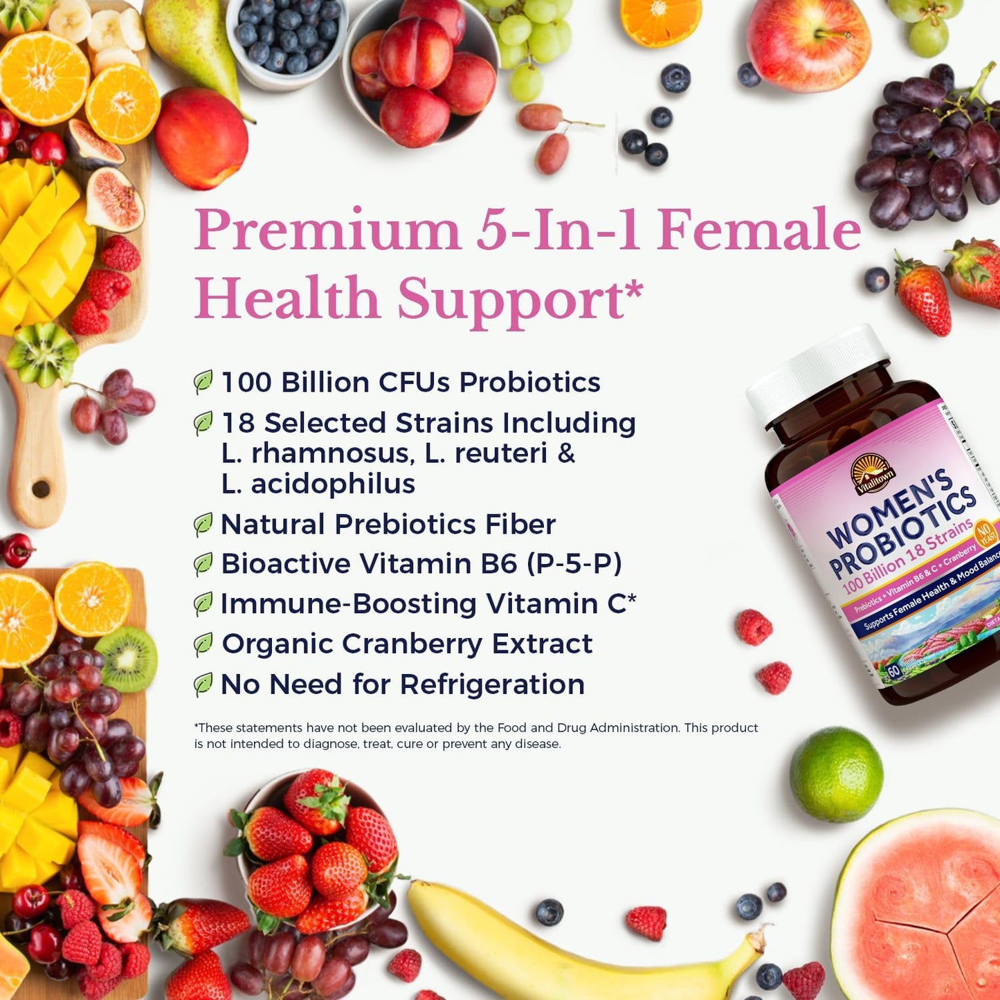 Vitalitown Women's Probiotics | 100 Billion CFUs 18 Strains | Prebiotics, VC & B6, Cranberry | Shelf Stable | Vaginal, Urinary - Maple Wellness Supplements