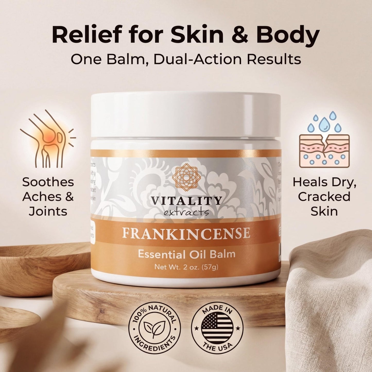 Vitality Extracts Frankincense Balm - 2oz, Boswellia Serrata, Beeswax, Olive Oil, Moisturizer for Dry, Cracked Skin, All Skin Types - Maple Wellness Supplements