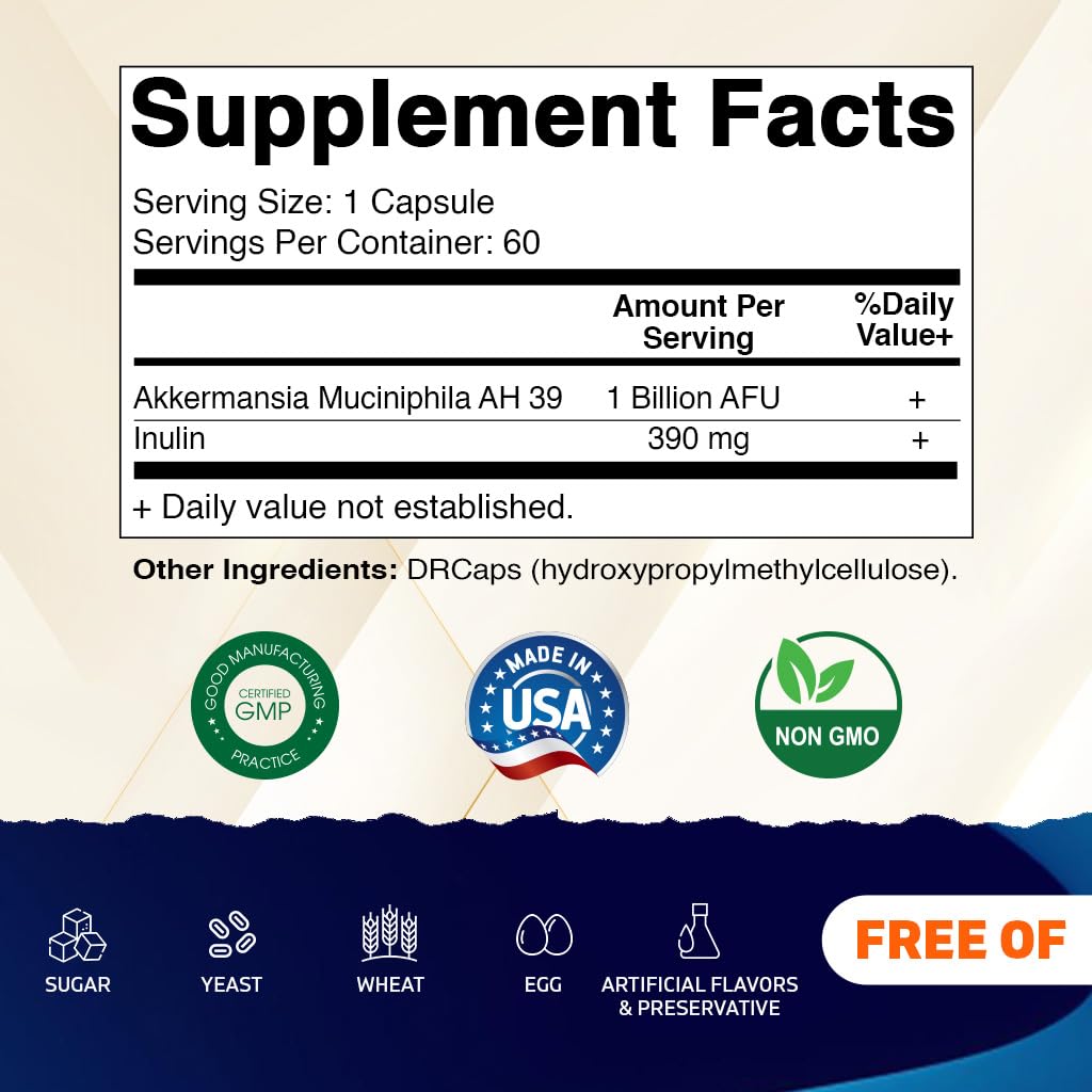 Vitamatic Akkermansia Muciniphila Gut Health - 60 DR Capsules (Delayed Released) - Made with Prebiotic Inulin Fiber - Maple Wellness Supplements