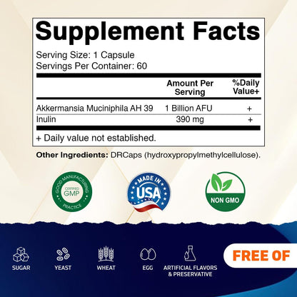 Vitamatic Akkermansia Muciniphila Gut Health - 60 DR Capsules (Delayed Released) - Made with Prebiotic Inulin Fiber - Maple Wellness Supplements