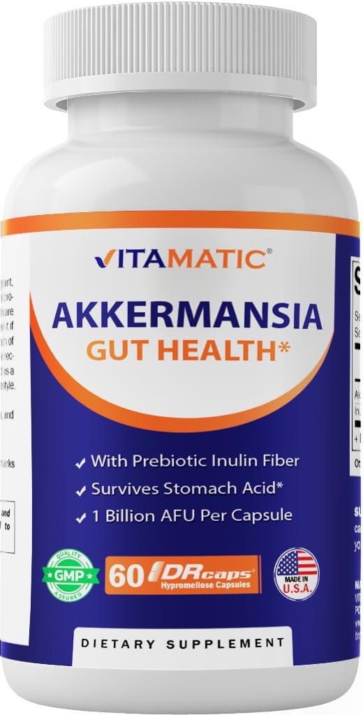 Vitamatic Akkermansia Muciniphila Gut Health - 60 DR Capsules (Delayed Released) - Made with Prebiotic Inulin Fiber - Maple Wellness Supplements