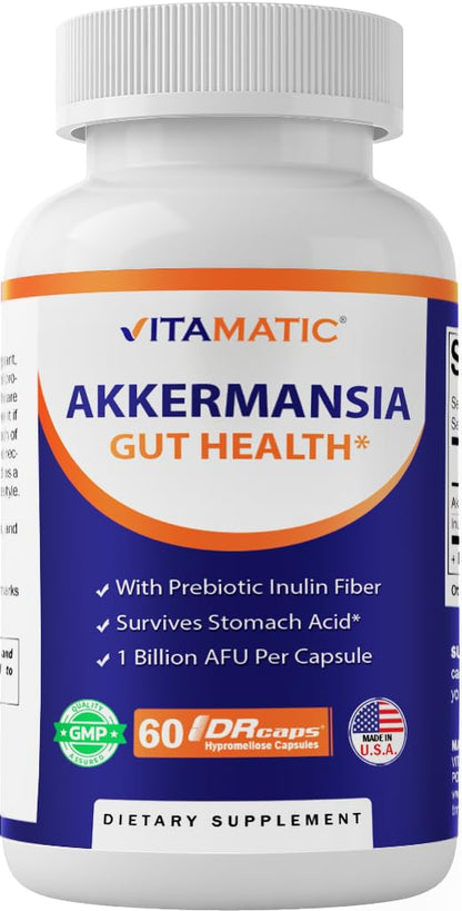 Vitamatic Akkermansia Muciniphila Gut Health - 60 DR Capsules (Delayed Released) - Made with Prebiotic Inulin Fiber - Maple Wellness Supplements
