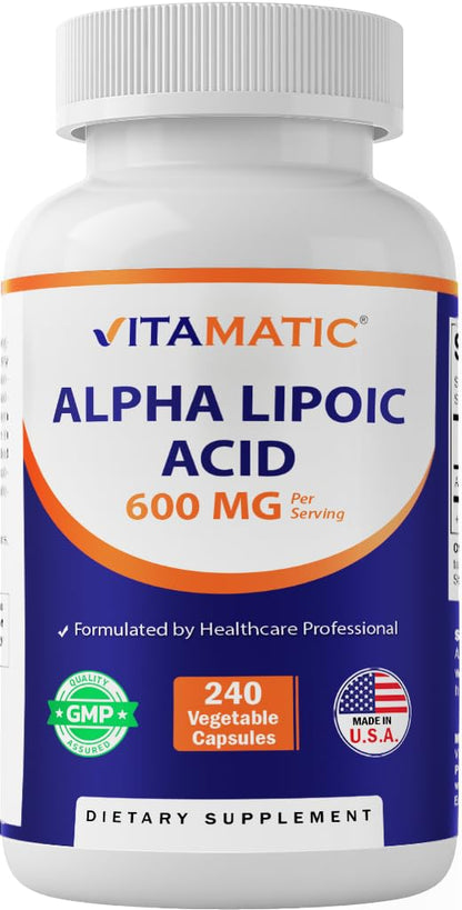 Vitamatic Alpha Lipoic Acid (ALA) 600mg Per Serving - 240 Vegetable Capsules - 120 Servings - Non-GMO & Gluten Free - Maple Wellness Supplements