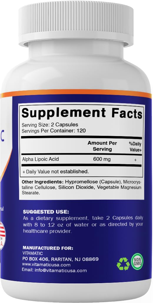 Vitamatic Alpha Lipoic Acid (ALA) 600mg Per Serving - 240 Vegetable Capsules - 120 Servings - Non-GMO & Gluten Free - Maple Wellness Supplements