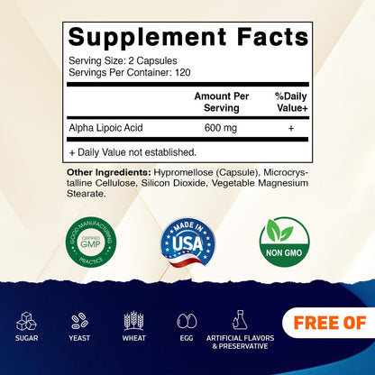 Vitamatic Alpha Lipoic Acid (ALA) 600mg Per Serving - 240 Vegetable Capsules - 120 Servings - Non-GMO & Gluten Free - Maple Wellness Supplements