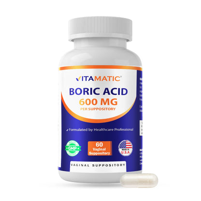 Vitamatic Boric Acid Vaginal Capsule Shell Suppositories 600 mg USP Grade Boric Acid in Vegetarian Capsule Shell - 60 Count - Maple Wellness Supplements