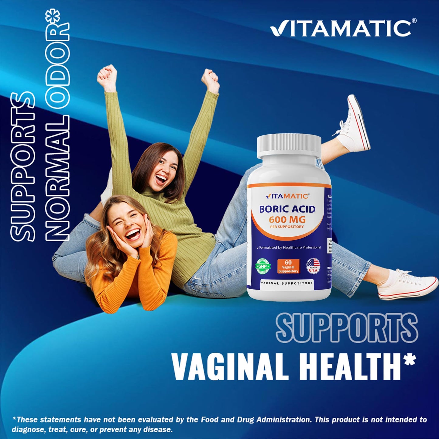 Vitamatic Boric Acid Vaginal Capsule Shell Suppositories 600 mg USP Grade Boric Acid in Vegetarian Capsule Shell - 60 Count - Maple Wellness Supplements