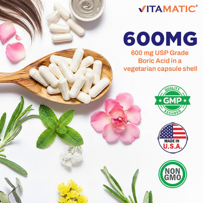 Vitamatic Boric Acid Vaginal Capsule Shell Suppositories 600 mg USP Grade Boric Acid in Vegetarian Capsule Shell - 60 Count - Maple Wellness Supplements