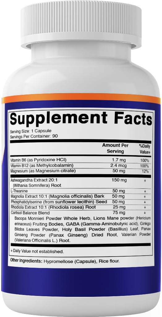 Vitamatic Cortisol Health Support - 90 Veggie Capsules - Made with Adaptogenic Blend with Ashwagandha, Rhodiola, Magnolia, L-Theanine, Phosphatidylserine - Maple Wellness Supplements