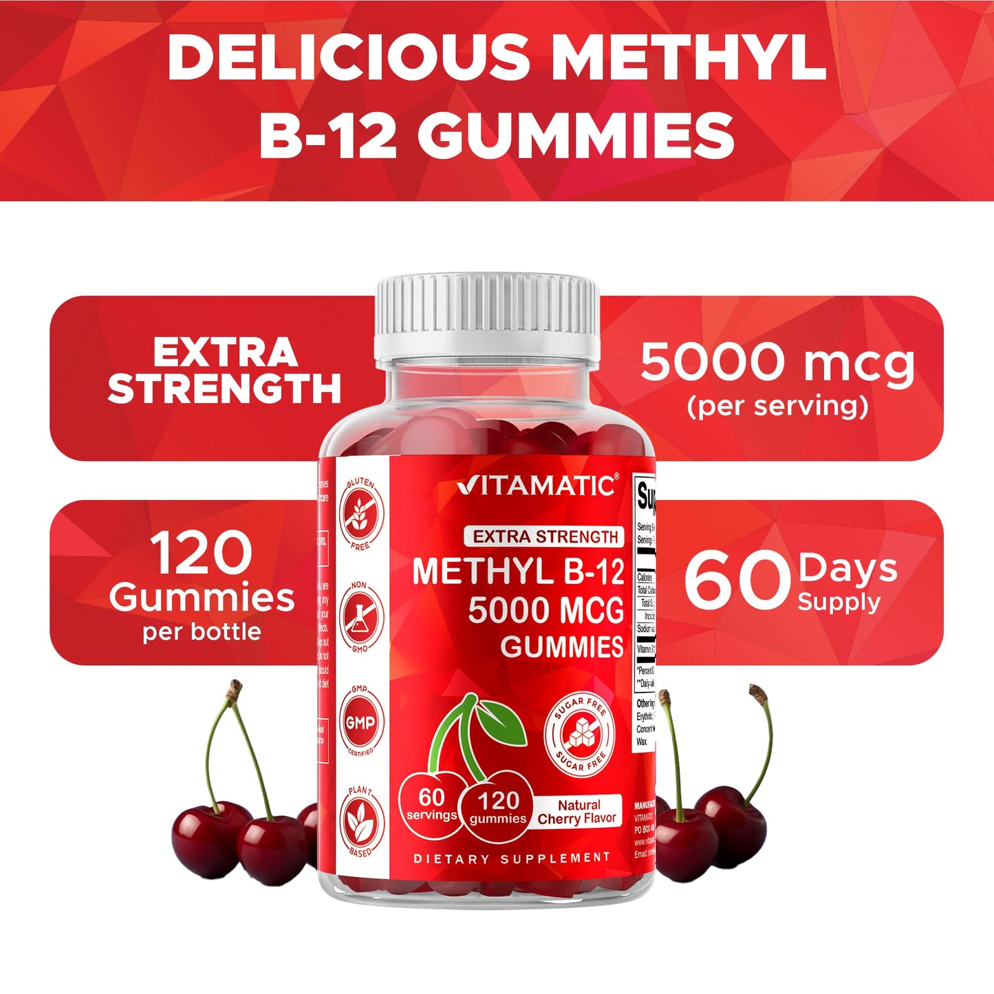 Vitamatic Extra Strength Vitamin B12 5000 mcg (Methyl B12) Gummies - 120 Count - Energy Metabolism Support and Nervous - Maple Wellness Supplements