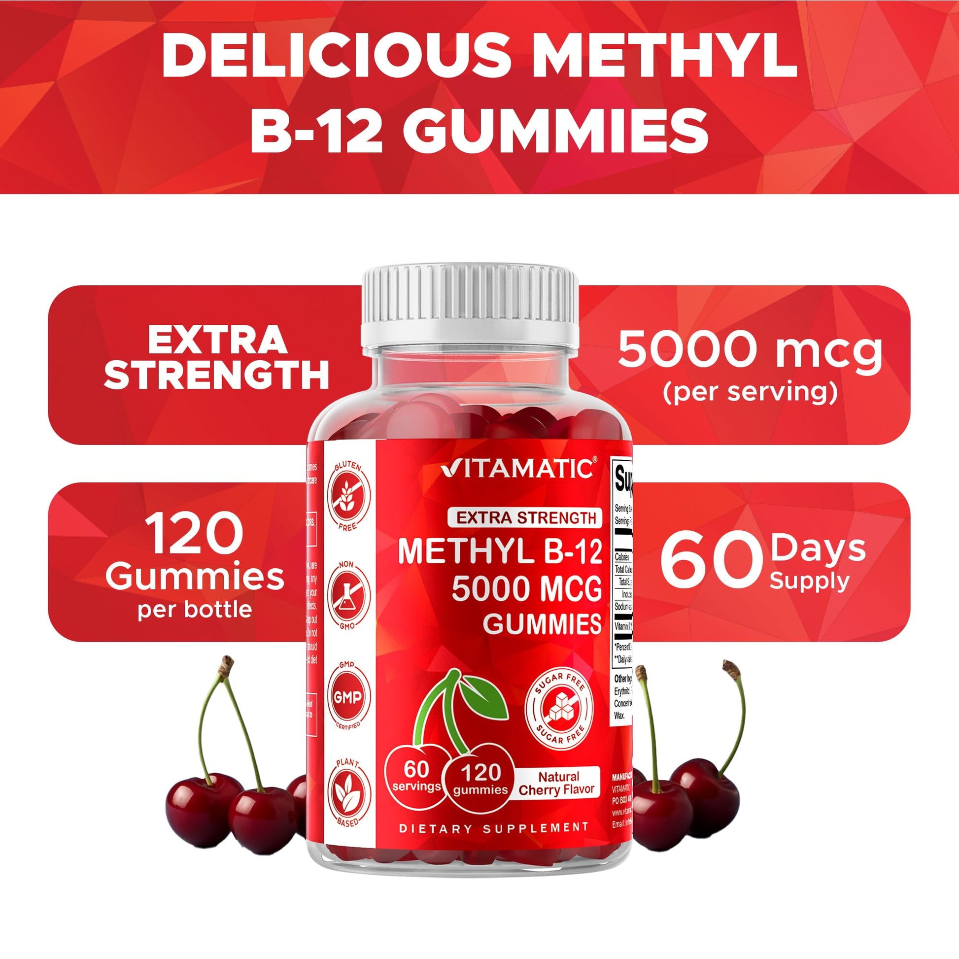 Vitamatic Extra Strength Vitamin B12 5000 mcg (Methyl B12) Gummies - 120 Count - Energy Metabolism Support and Nervous - Maple Wellness Supplements