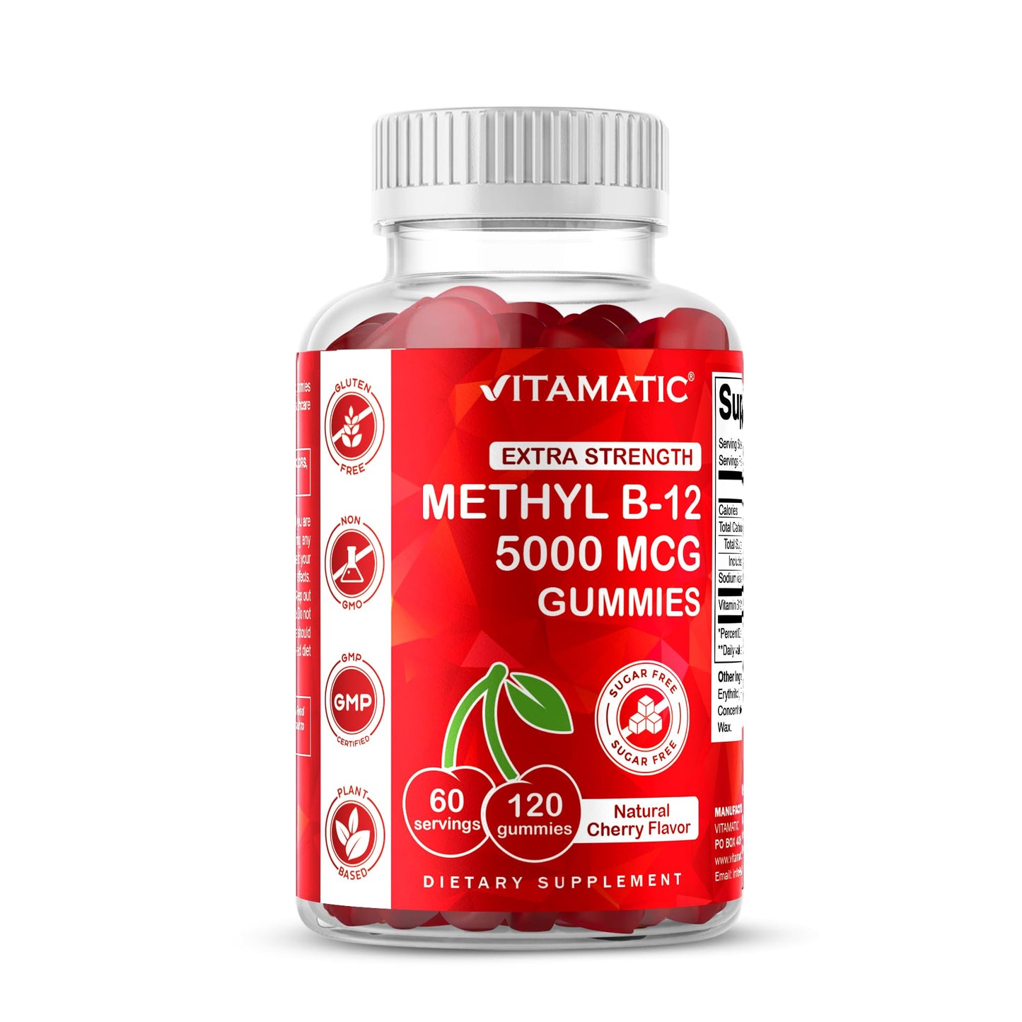 Vitamatic Extra Strength Vitamin B12 5000 mcg (Methyl B12) Gummies - 120 Count - Energy Metabolism Support and Nervous - Maple Wellness Supplements