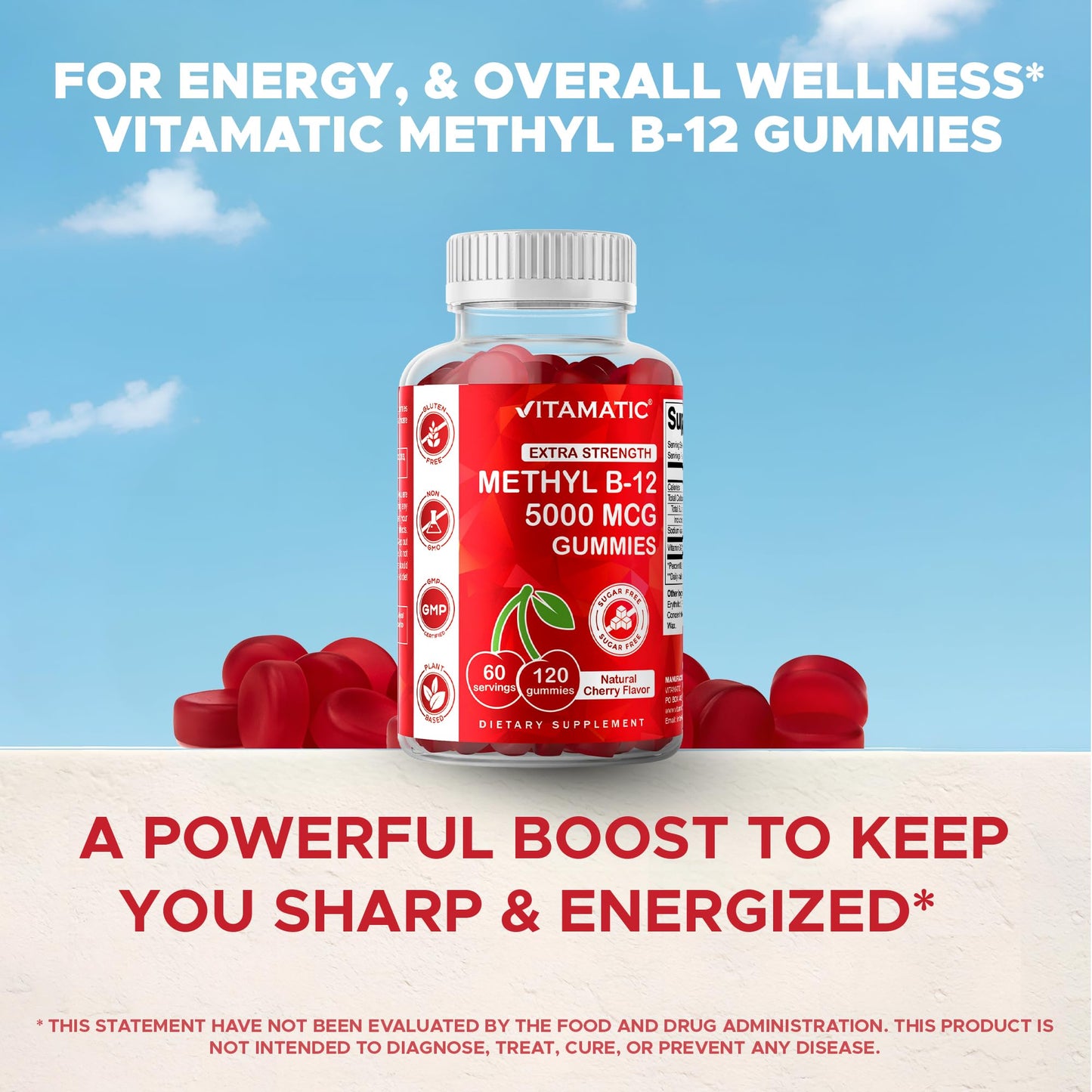 Vitamatic Extra Strength Vitamin B12 5000 mcg (Methyl B12) Gummies - 120 Count - Energy Metabolism Support and Nervous - Maple Wellness Supplements