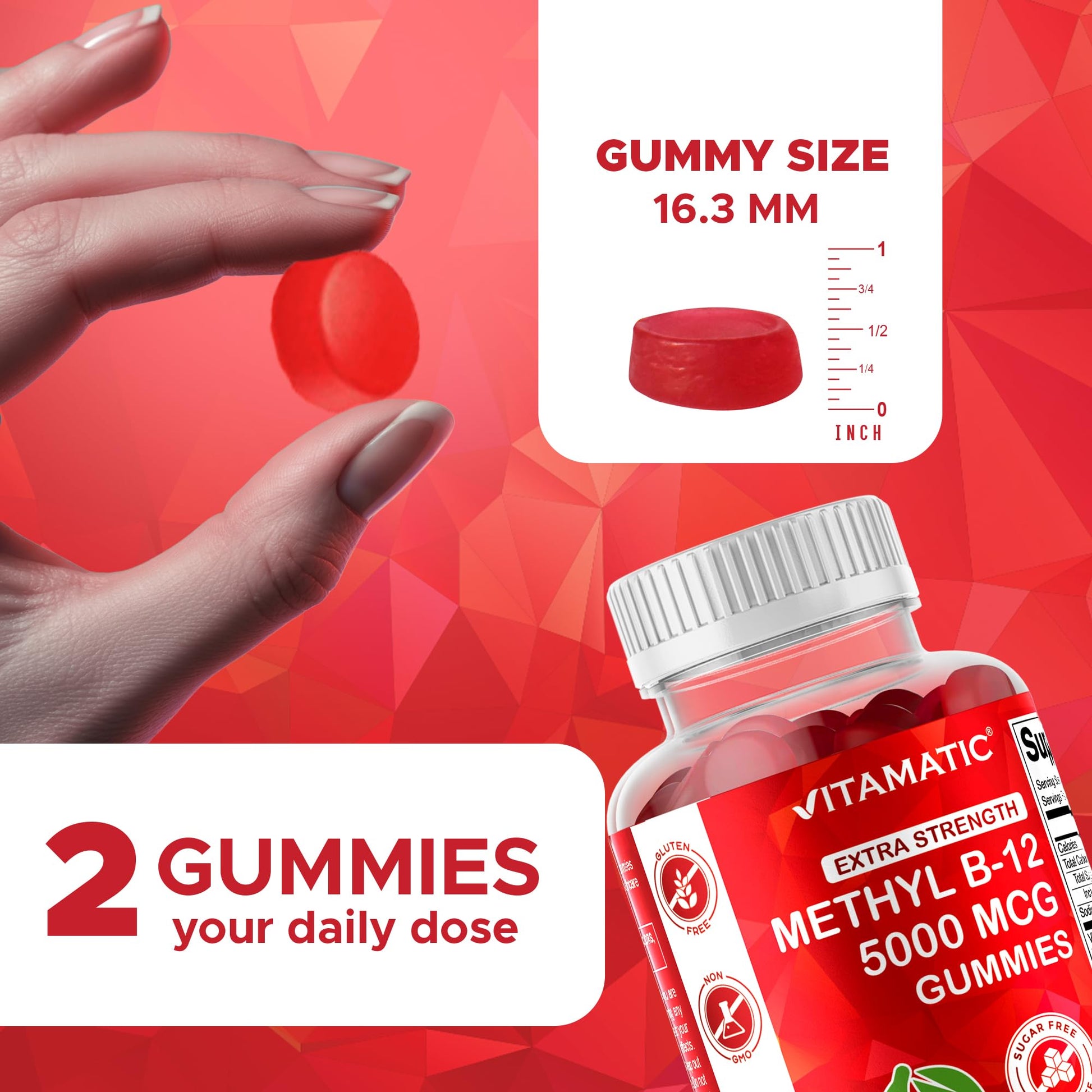 Vitamatic Extra Strength Vitamin B12 5000 mcg (Methyl B12) Gummies - 120 Count - Energy Metabolism Support and Nervous - Maple Wellness Supplements