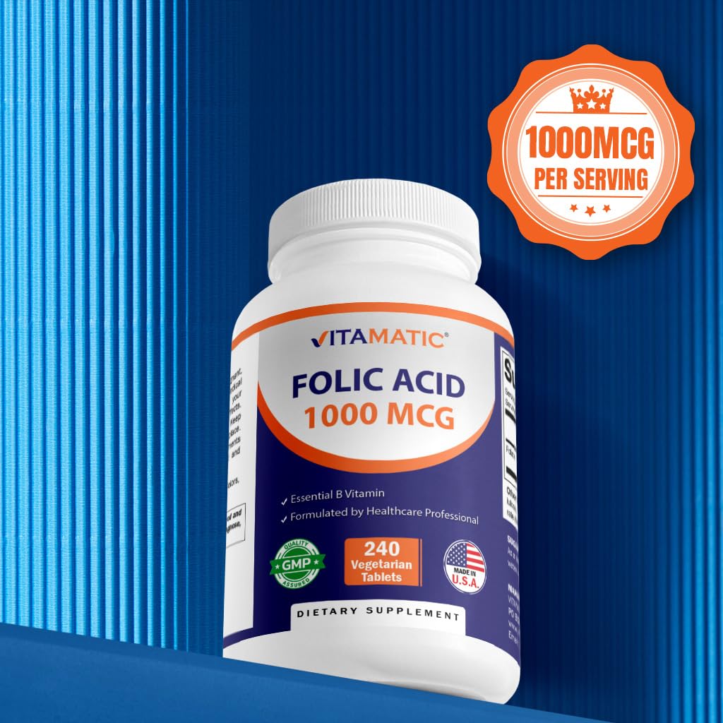 Vitamatic Folic Acid 1000 mcg (1 mg) - Vegetarian Tablets - 1667 mcg DFE - Vitamin B9 (240 Count (Pack of 1)) - Maple Wellness Supplements