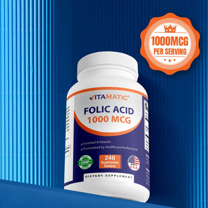 Vitamatic Folic Acid 1000 mcg (1 mg) - Vegetarian Tablets - 1667 mcg DFE - Vitamin B9 (240 Count (Pack of 1)) - Maple Wellness Supplements