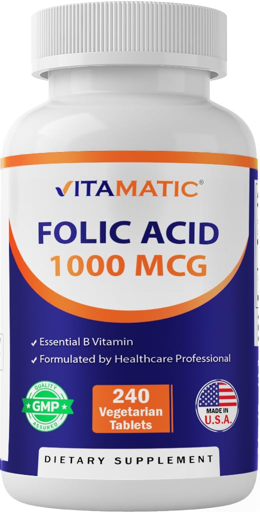 Vitamatic Folic Acid 1000 mcg (1 mg) - Vegetarian Tablets - 1667 mcg DFE - Vitamin B9 (240 Count (Pack of 1)) - Maple Wellness Supplements