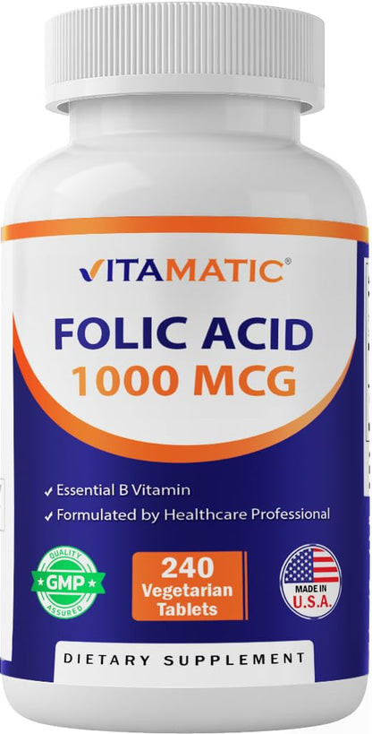 Vitamatic Folic Acid 1000 mcg (1 mg) - Vegetarian Tablets - 1667 mcg DFE - Vitamin B9 (240 Count (Pack of 1)) - Maple Wellness Supplements