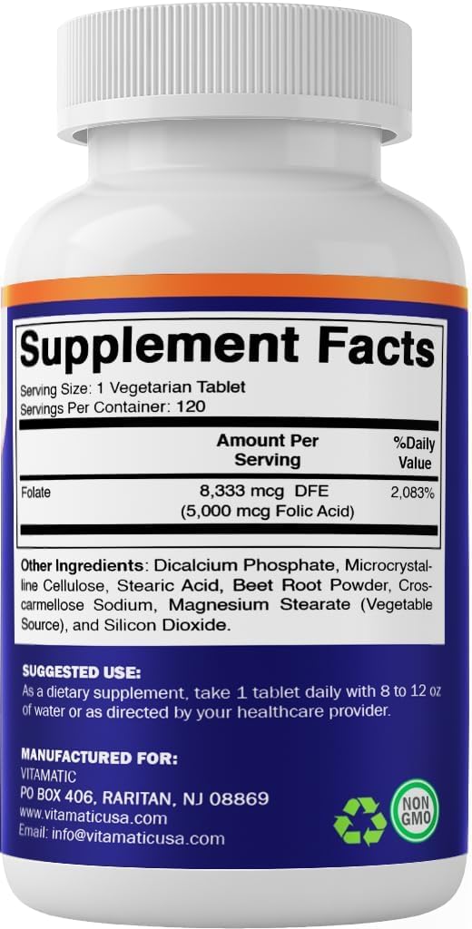 Vitamatic Folic Acid 5mg (5000 mcg) – 120 Vegetarian Tablets High Potency Vitamin B9 (Folate) for Cellular Health - Maple Wellness Supplements